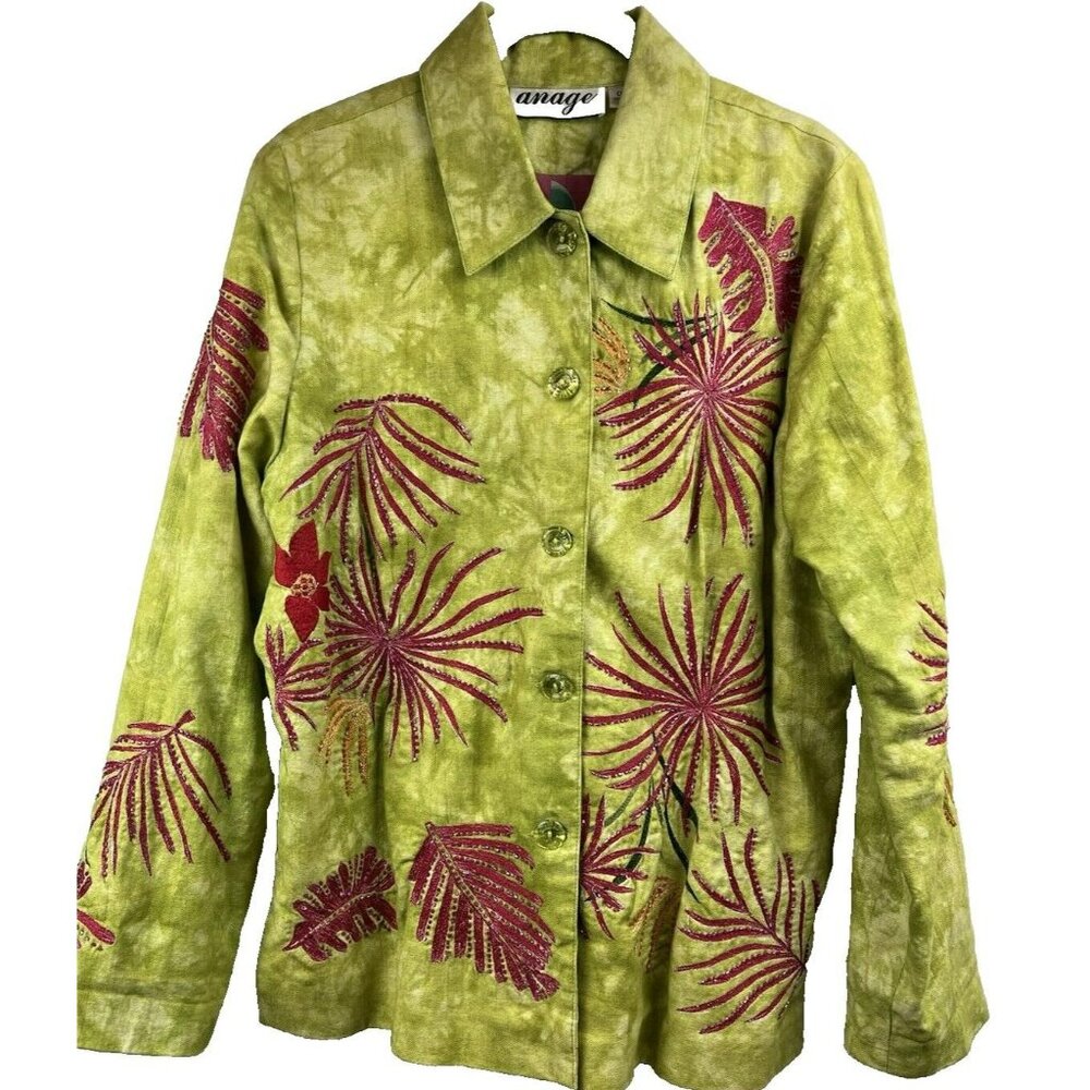 Vintage Anage Jacket XS Oversized Wearable Art Green Pink 100% Cotton Lined Coat